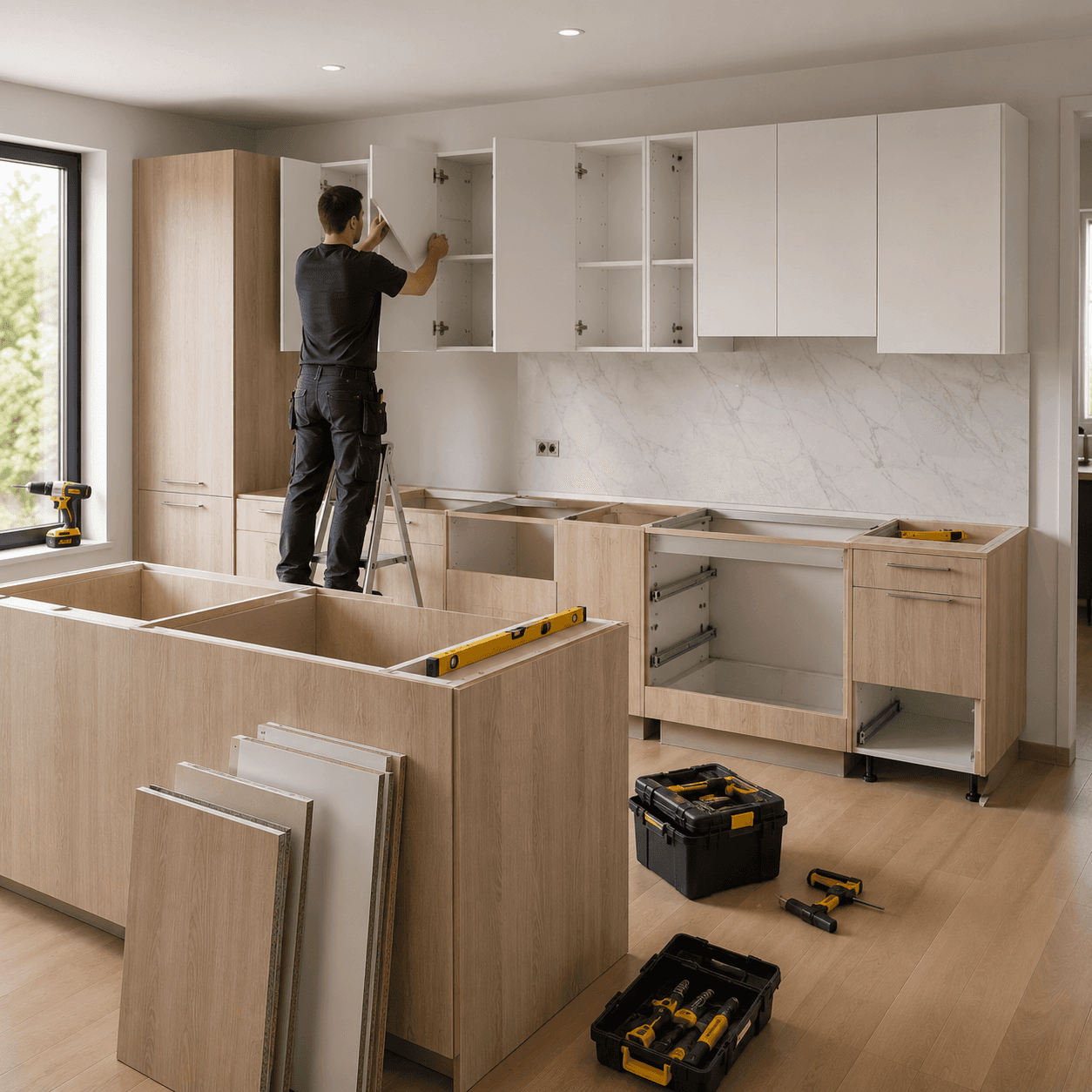 Modern kitchen with a wooden dining table, white chairs, and a hanging light fixture above.