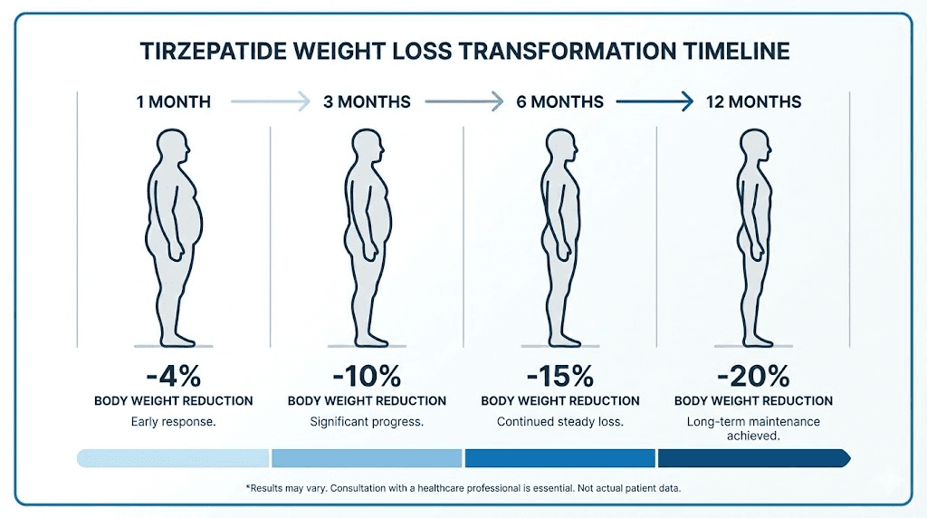 Tirzepatide before and after weight loss timeline by month