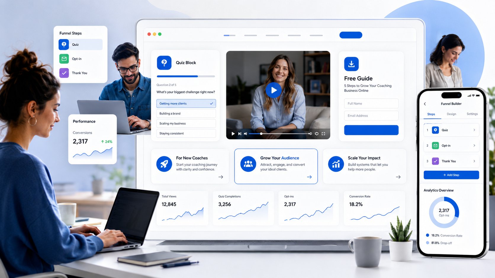 A modern interactive funnel-in-a-page creator landing page for a coach or educator on a mobile-first screen, featuring a