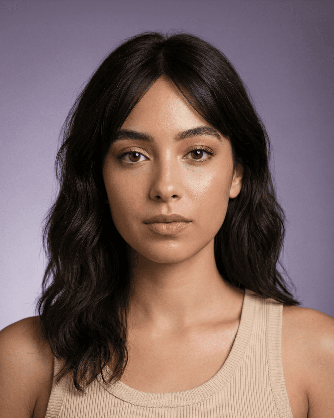 Isabella Vega AI model portrait for soft studio jewelry visuals