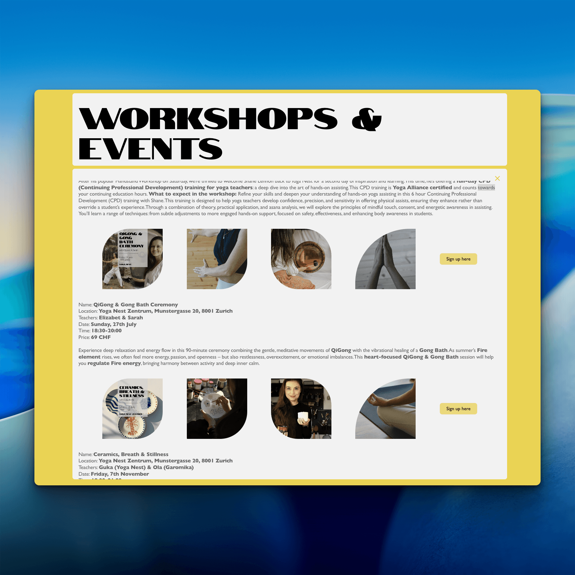 Scrrenshot of Workshop and events page bottom