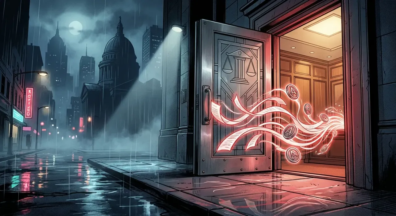 Open door with digital waves, cityscape backdrop; RockN' Socials Digital Marketing Agency.