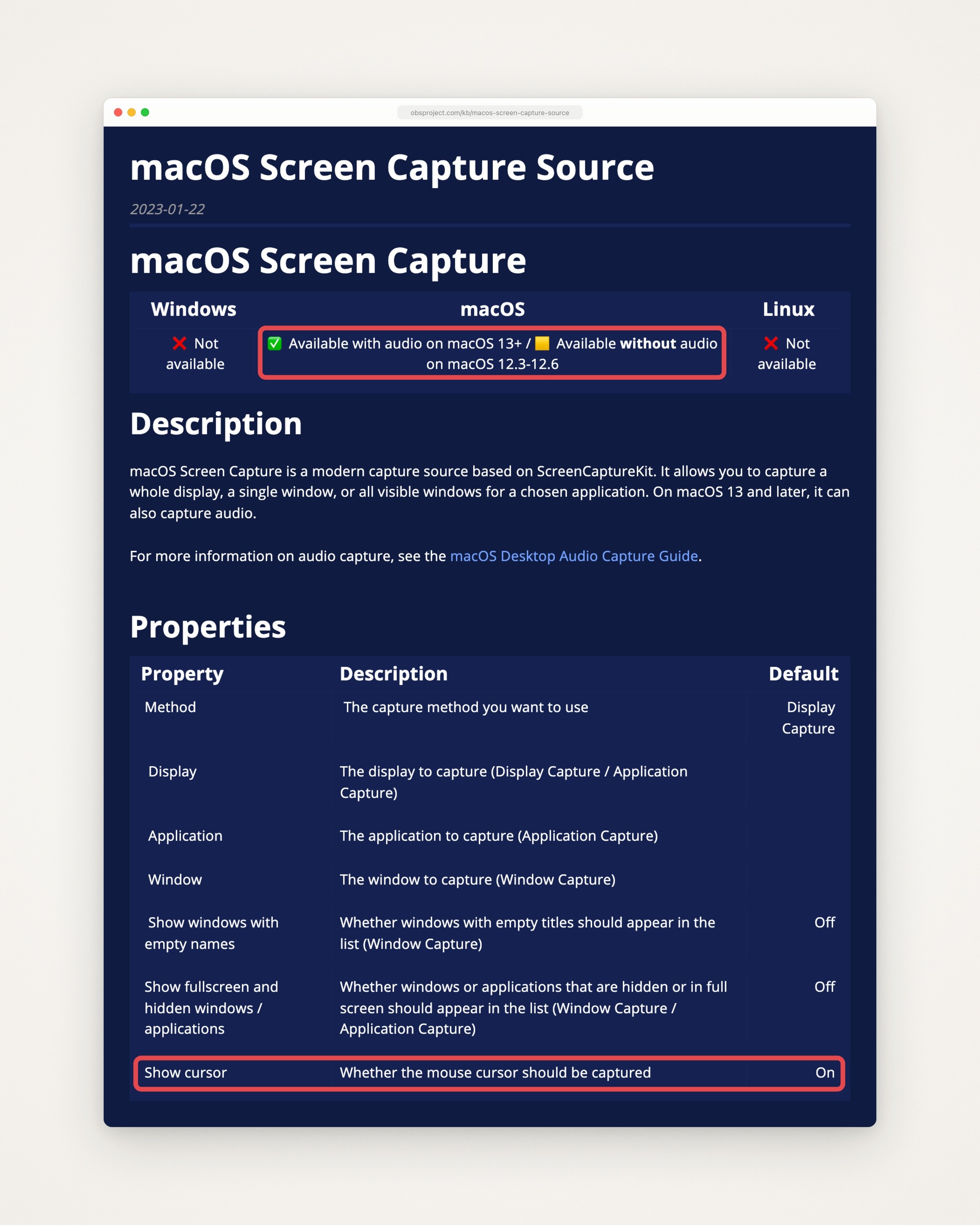 OBS’s macOS Screen Capture Source page: available on macOS, with audio on macOS 13 and later; it captures a display, a window or an application; the properties end with Show cursor, default On. Red boxes mark the macOS cell and the Show cursor row