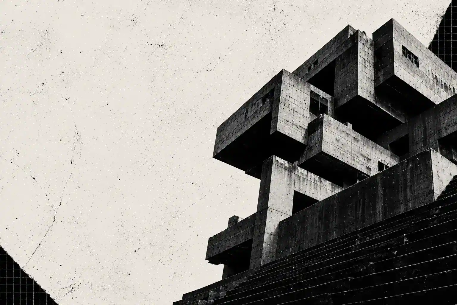 Editorial creative agency homepage featuring oversized brutalist typography and monochrome architectural imagery.
