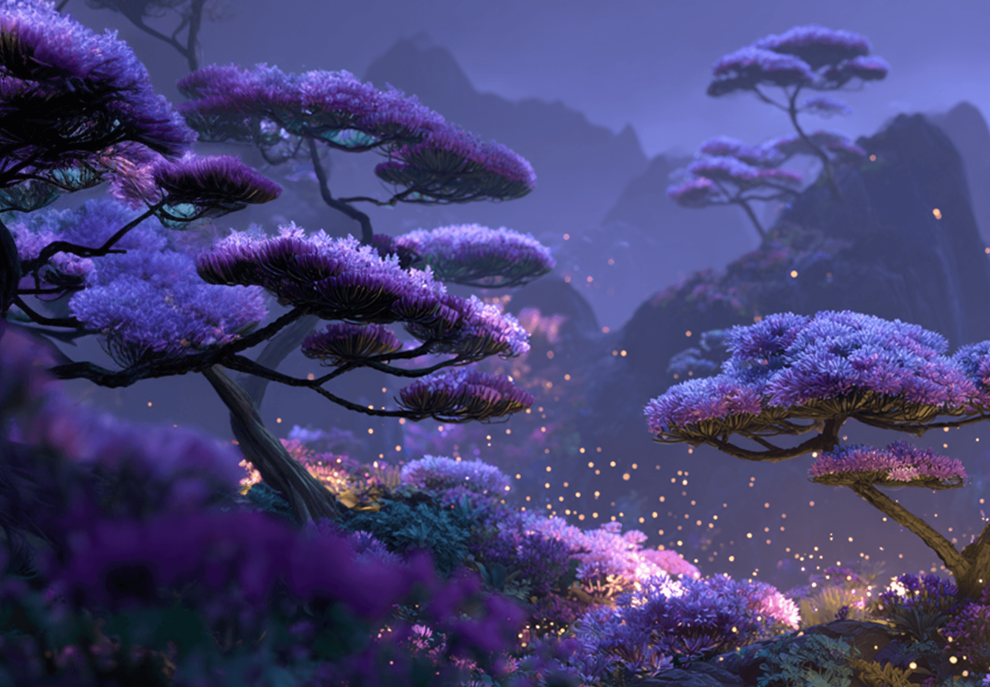 Purple twilight landscape with soft glowing trees and subtle mist.
