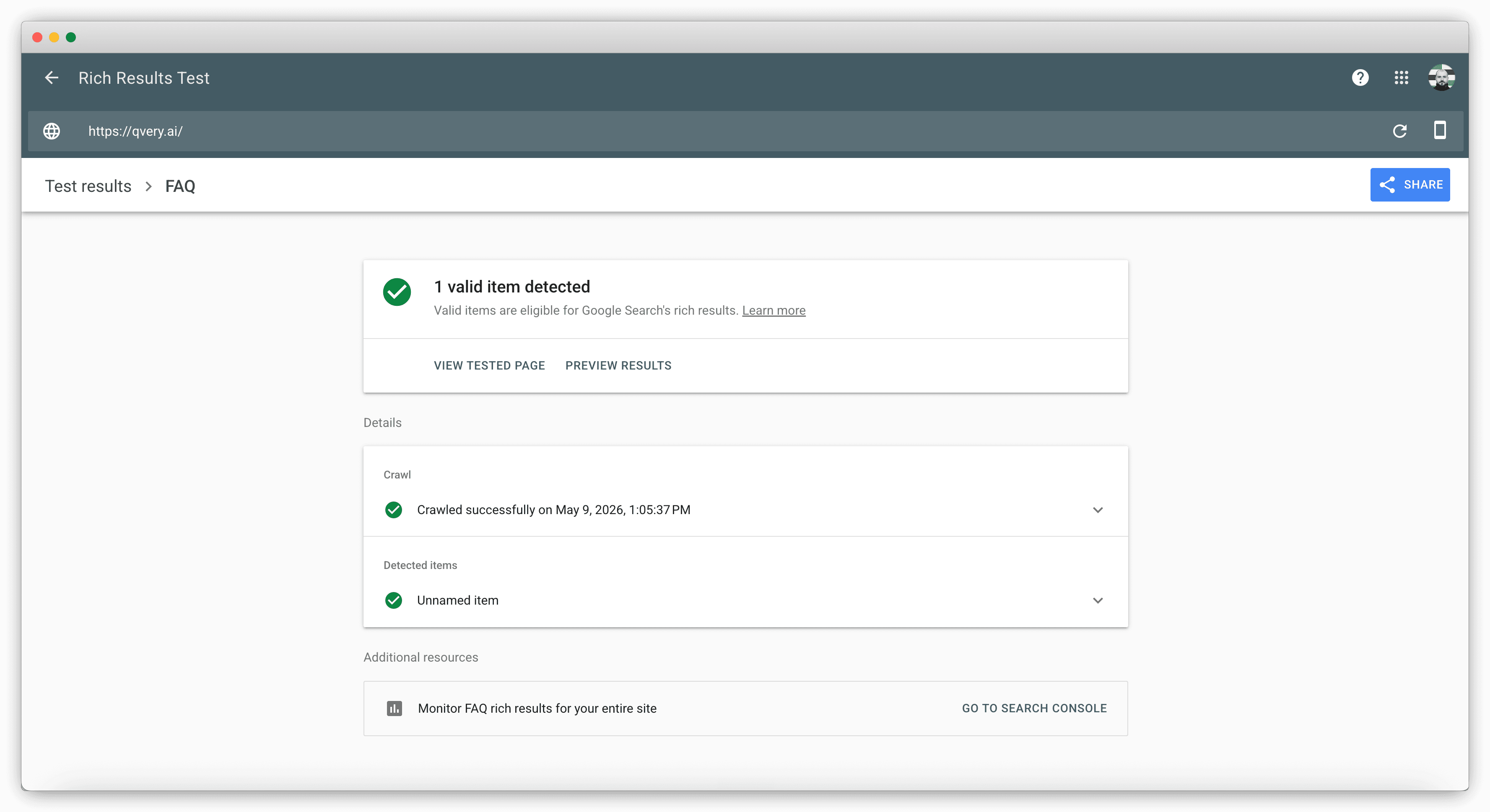 Google Rich Results Test report for https://qvery.ai showing 1 valid FAQ item detected. The result confirms the page is eligible for Google Search's rich results, with a successful crawl on May 9, 2026 at 1:05:37 PM and a single FAQ item identified.