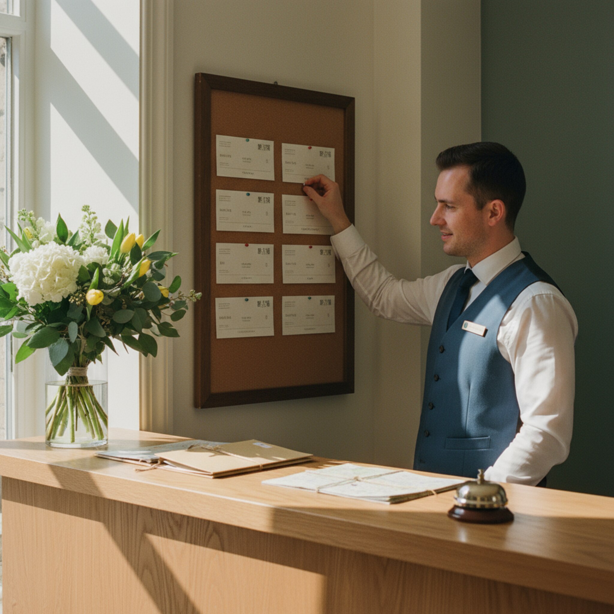 An einer Hotelrezeption befestigt ein Concierge sorgfältig Voucher-Karten an einem klar strukturierten Pinnboard. Ein Messingklingelchen glänzt neben Ordnern mit Stadtkarten. Hinter dem Tresen stehen frische Blumen. Die Szene vermittelt Vertrauen und Verbindlichkeit zwischen Partnern und Anbietern.