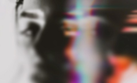 Split portrait with black and white photography on the left and colorful glitch distortion on the right