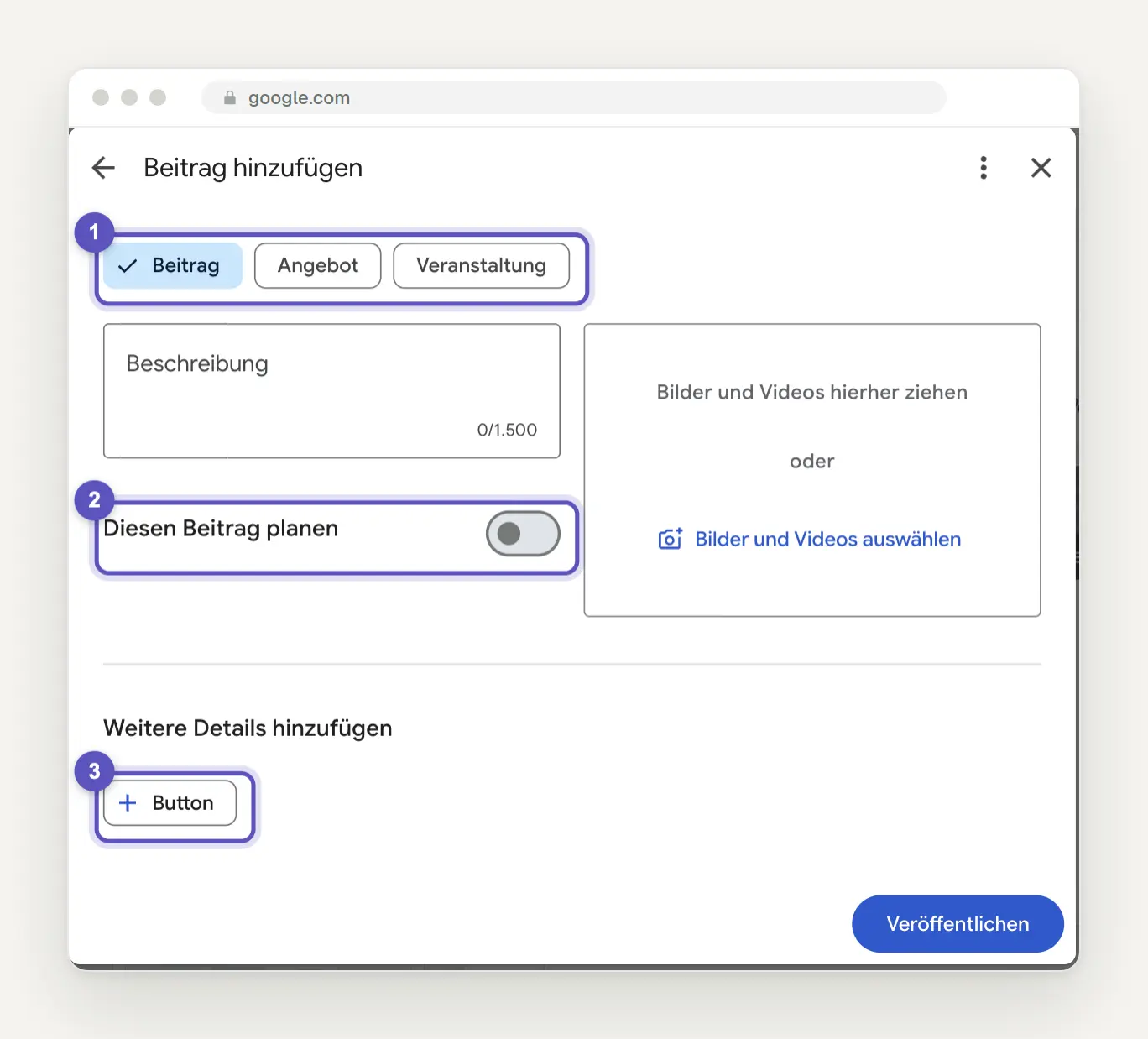 Dialog Beitrag hinzufügen mit den Typen Beitrag, Angebot und Veranstaltung, dem Schalter Diesen Beitrag planen und der Schaltfläche Button.