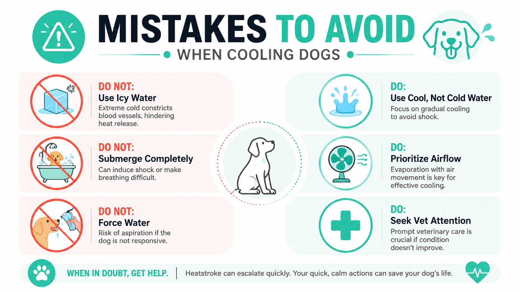 An infographic detailing do's and don'ts for cooling down dogs during heatstroke or overheating.