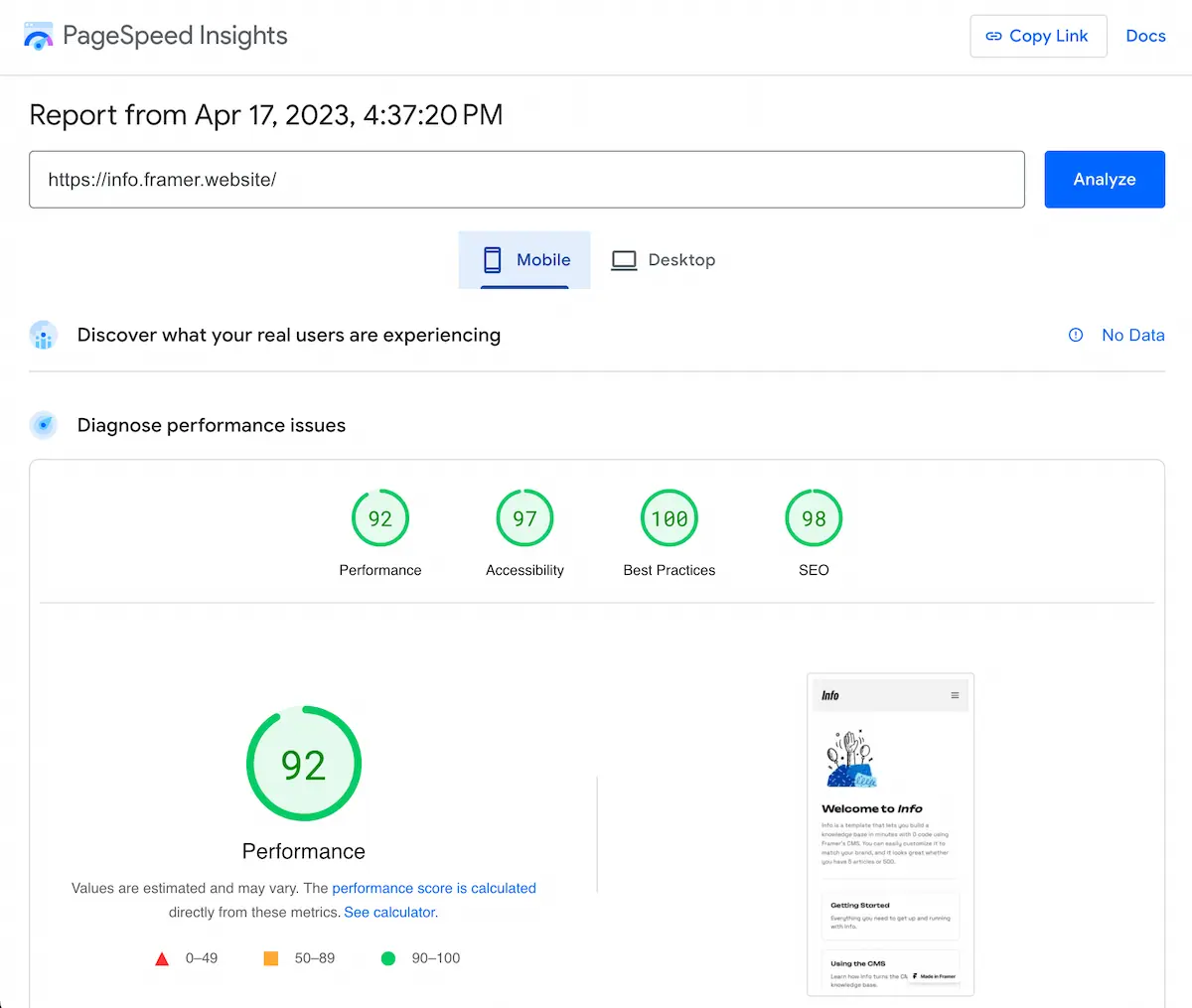 Screenshot of PageSpeed Insights for the Info template showing 92 performace, 97 accessibility, 100 best practices, and 98 SEO