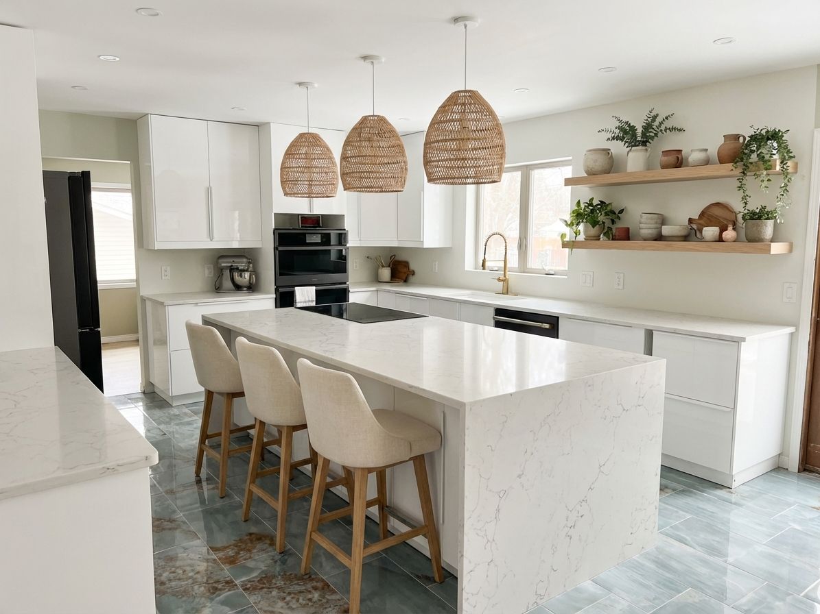 Coastal organic kitchen with rattan pendants and oak floating shelves