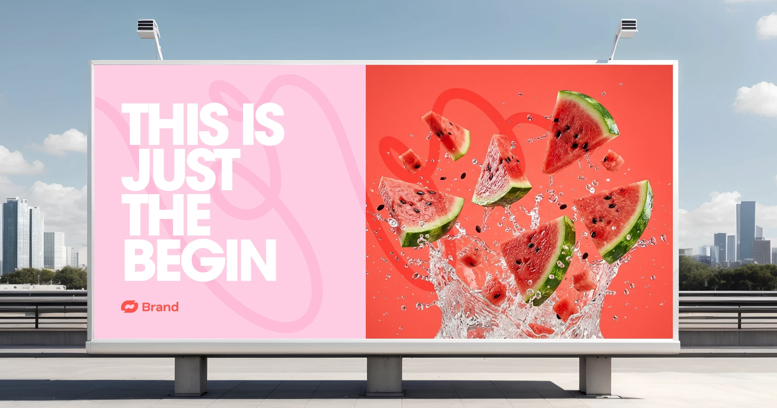 Billboard with "This is Just the Beginning" and splashing watermelon slices.