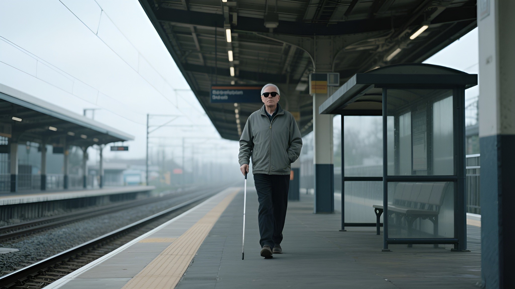 Ein blinder Mann mit Sonnenbrille geht mit einem weißen Langstock über den Bahnsteig eines Bahnhofs. Der Bahnsteig ist leer und die Umgebung wirkt neblig. Auf dem Boden verläuft ein taktiles Leitsystem, das Menschen mit Sehbehinderung bei der Orientierung hilft. Im Hintergrund sind Gleise, Wartebereiche und ein Bahnsteigschild mit der Aufschrift „Bahnsteig“ zu erkennen