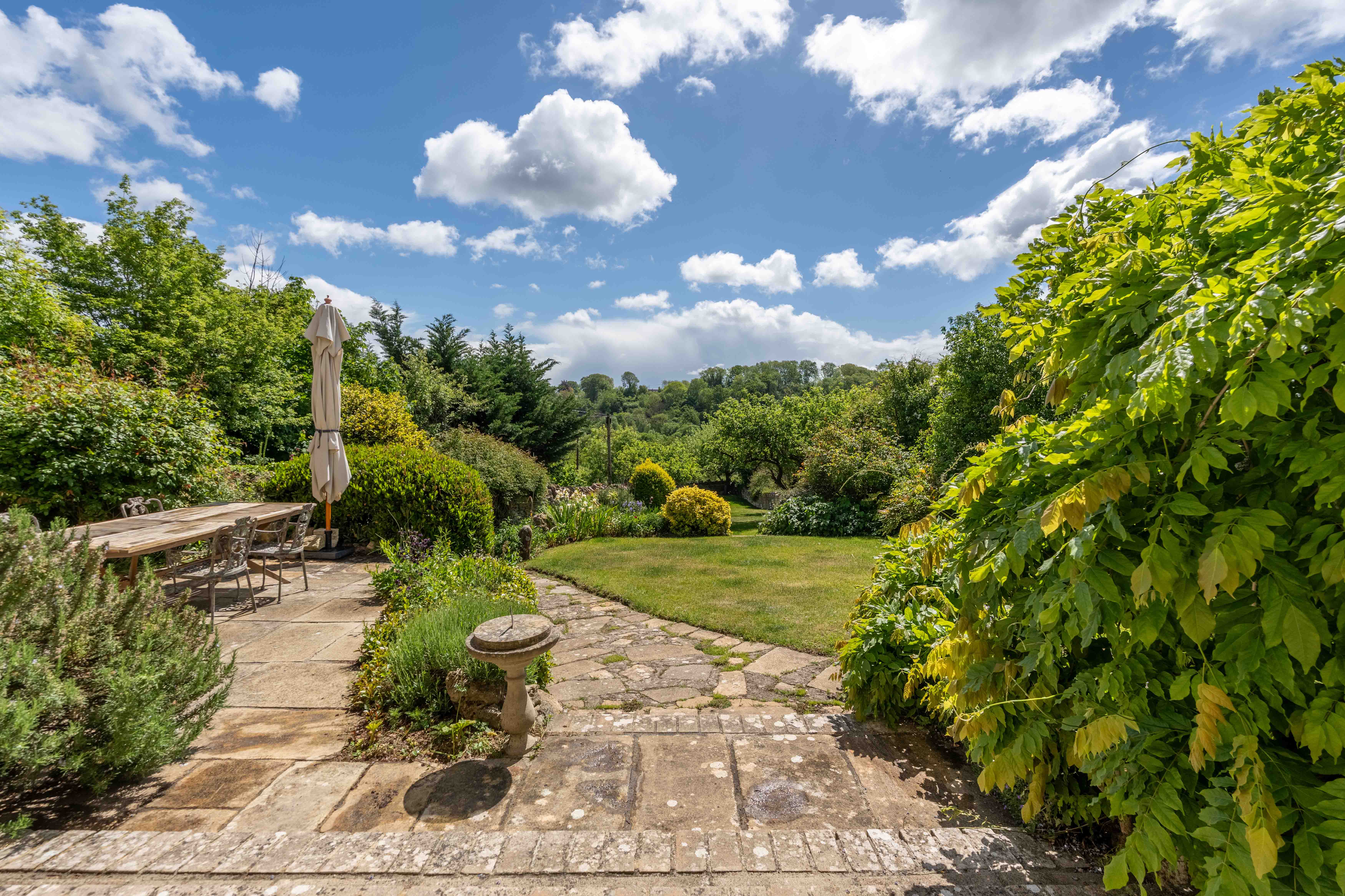Walled garden with countryside views beyond, 1 Belcombe Place Bradford-on-Avon — garden photography by Captura Media 