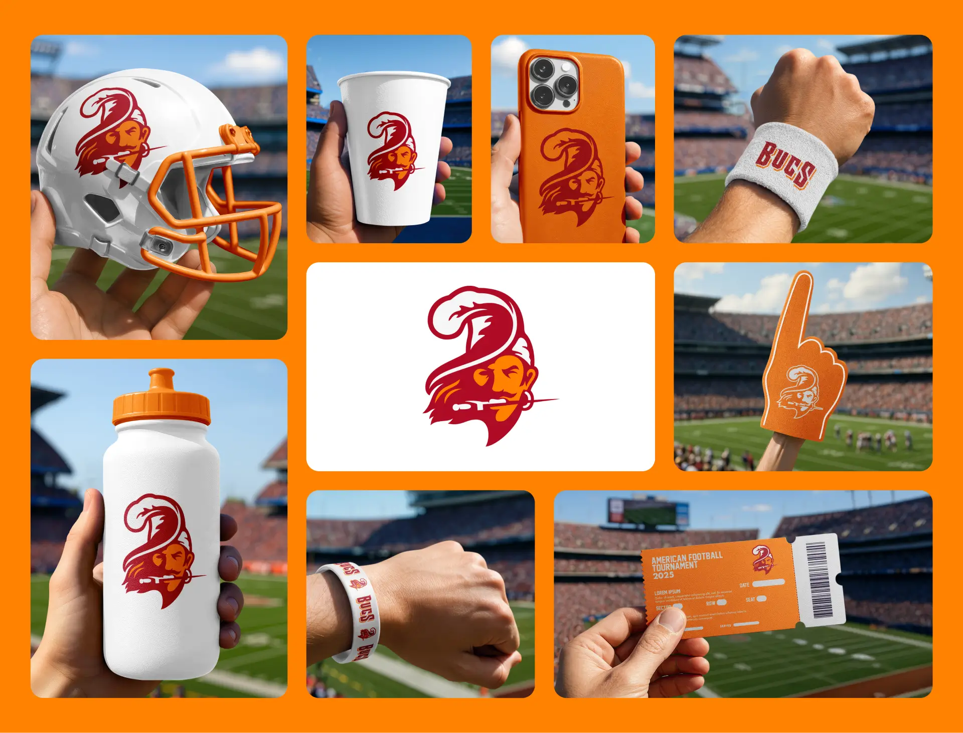 Collage of sports merchandise with a pirate logo, featuring a helmet, cup, phone case, wristband, water bottle, foam finger, and ticket in a stadium setting.
