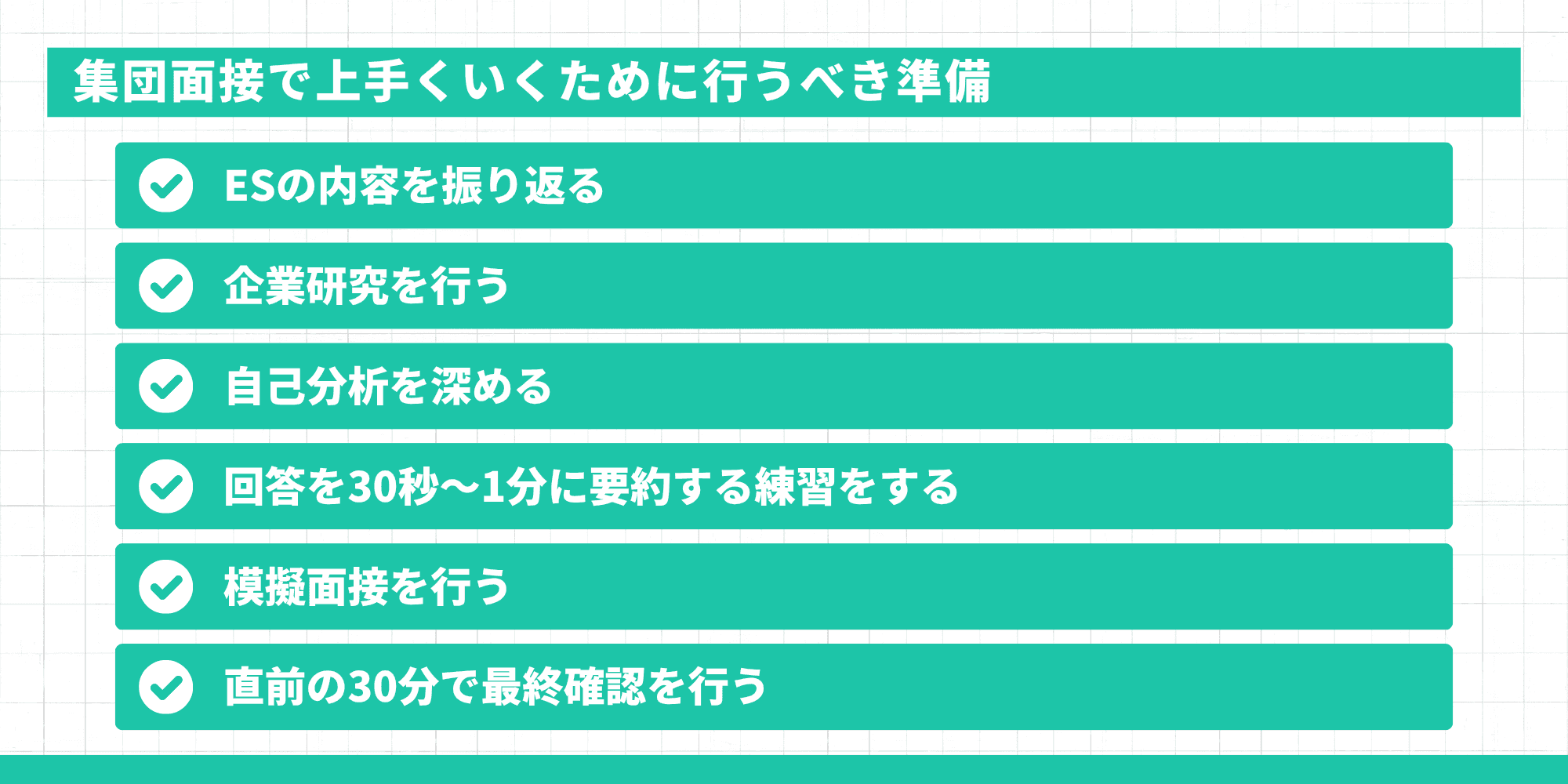 集団面接で上手くいくために行うべき6つの準備:ESの振り返り・企業研究・自己分析・回答の要約練習・模擬面接・直前30分の最終確認
