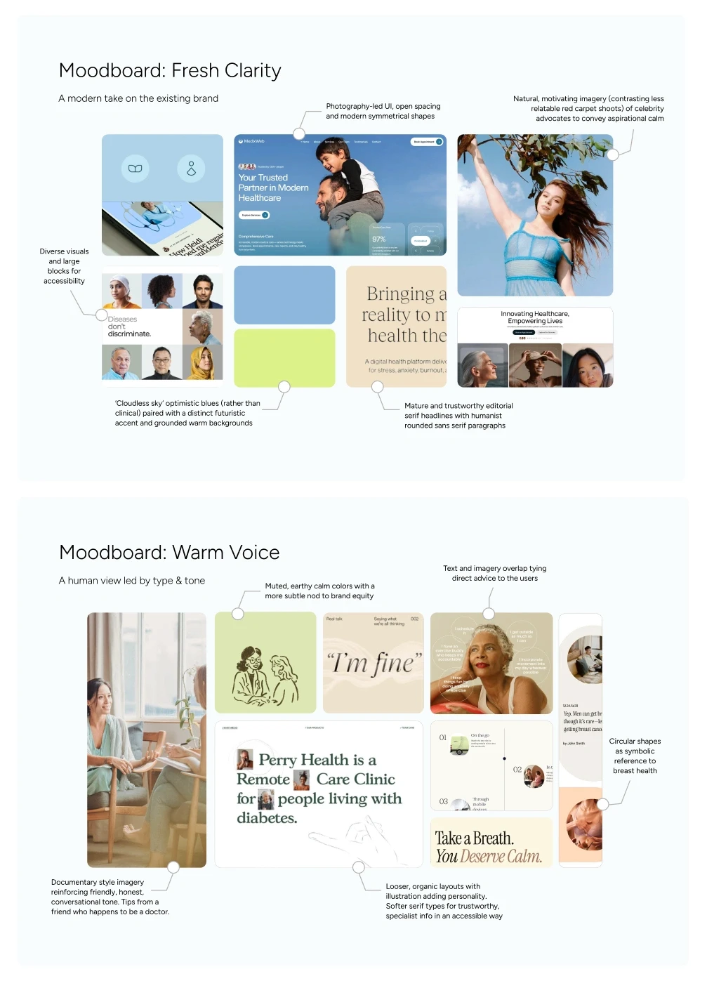 Two design moodboards: 'Fresh Clarity' with optimistic blues and modern symmetrical shapes, and 'Warm Voice' featuring muted earthy tones and documentary-style imagery.