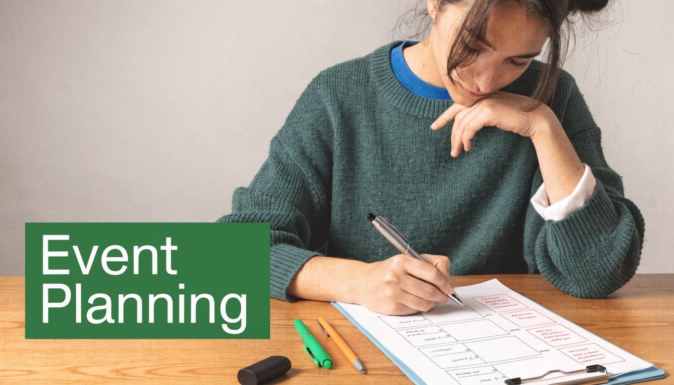 A person writing on a document at a desk with the text Event Planning overlaid.