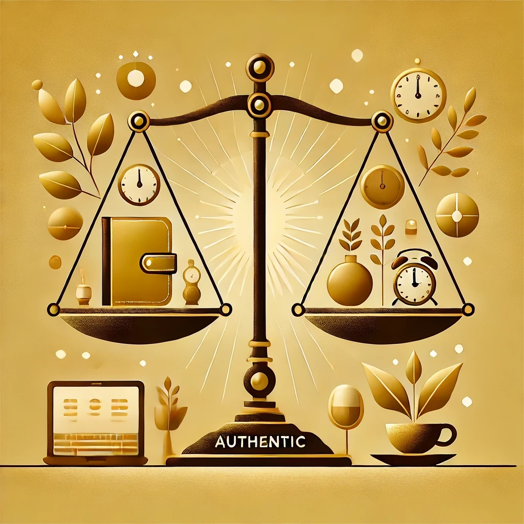 A minimalist and authentic digital artwork in yellow and brown tones, reflecting Confinity's brand. The image features a balanced set of scales, with one side holding work-related elements like a laptop and a clock, and the other side holding personal elements like a book, a plant, and a teacup. The soft golden background with glowing accents symbolizes harmony and balance, perfectly complementing the theme of work-life balance.