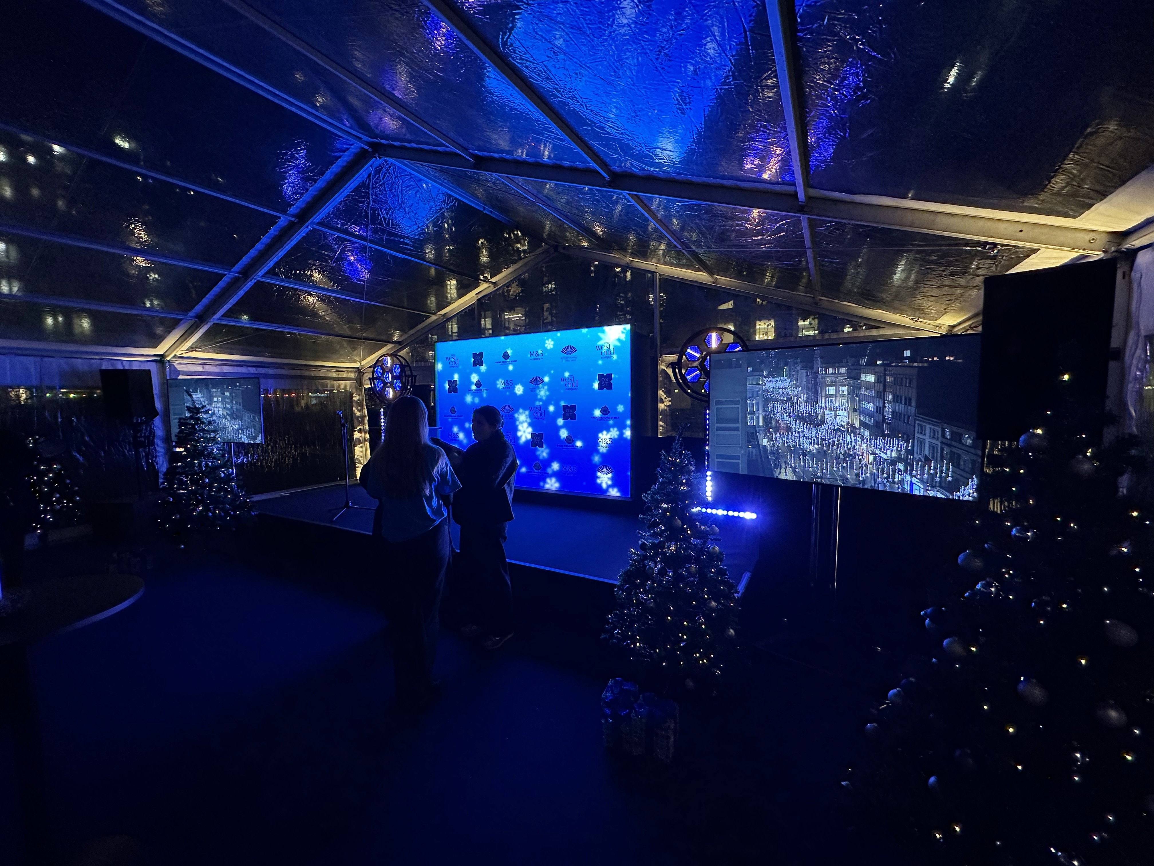 Broadcast viewing and event production area for the Oxford Street Christmas Lights Switch-On in London.