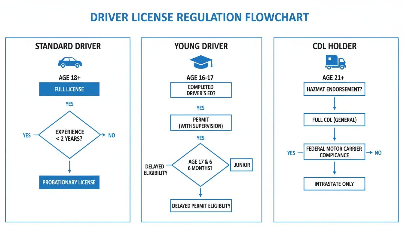 A flowchart detailing driver license regulations for standard, young, and CDL holders based on age and experience.