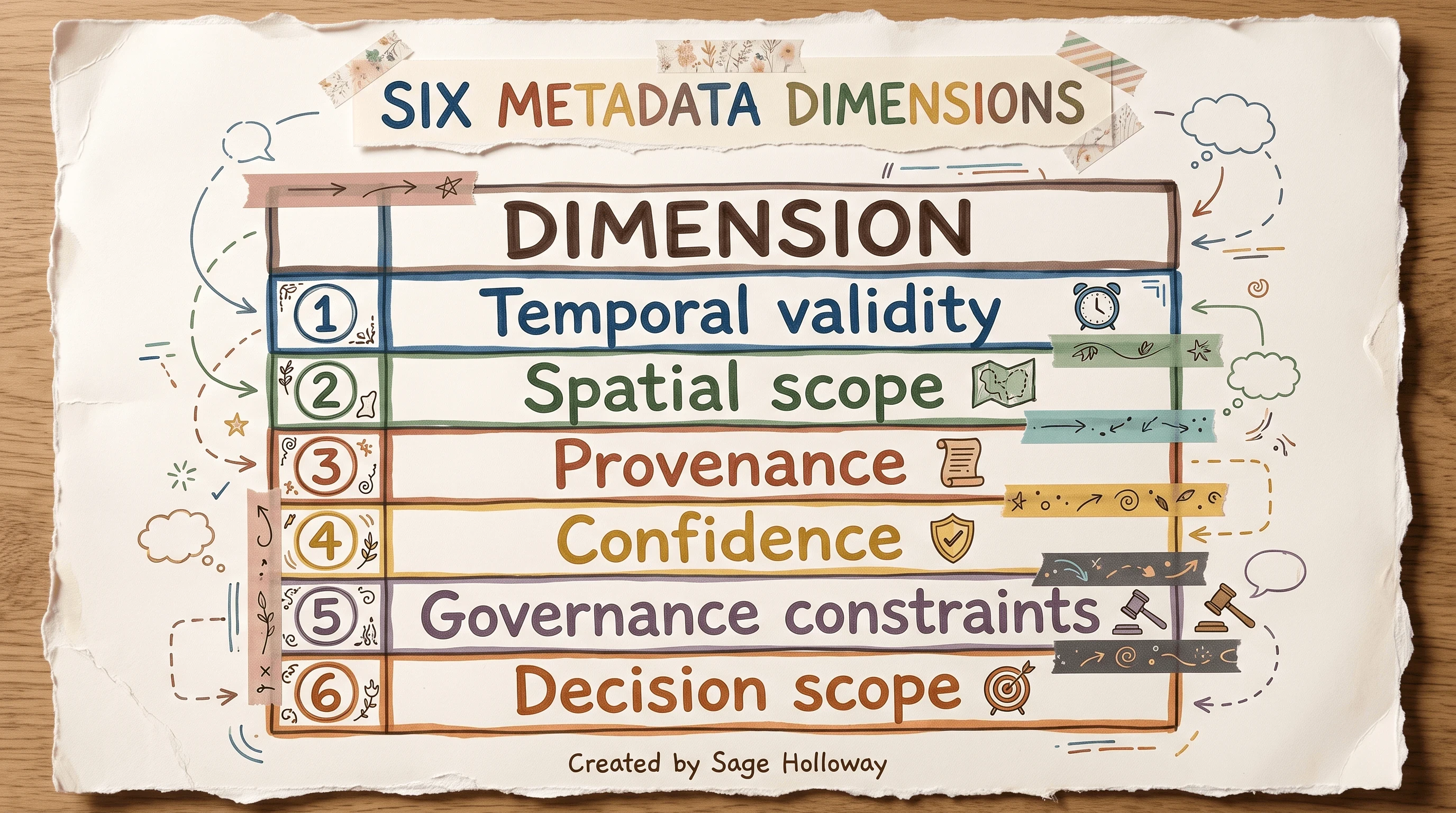 Table listing six metadata dimensions for context graph assertions including temporal validity and provenance