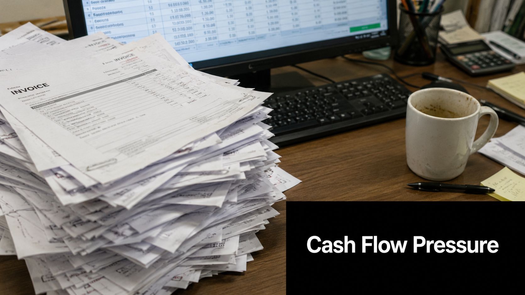 A large stack of unpaid invoices sitting on a desk next to a computer and coffee.