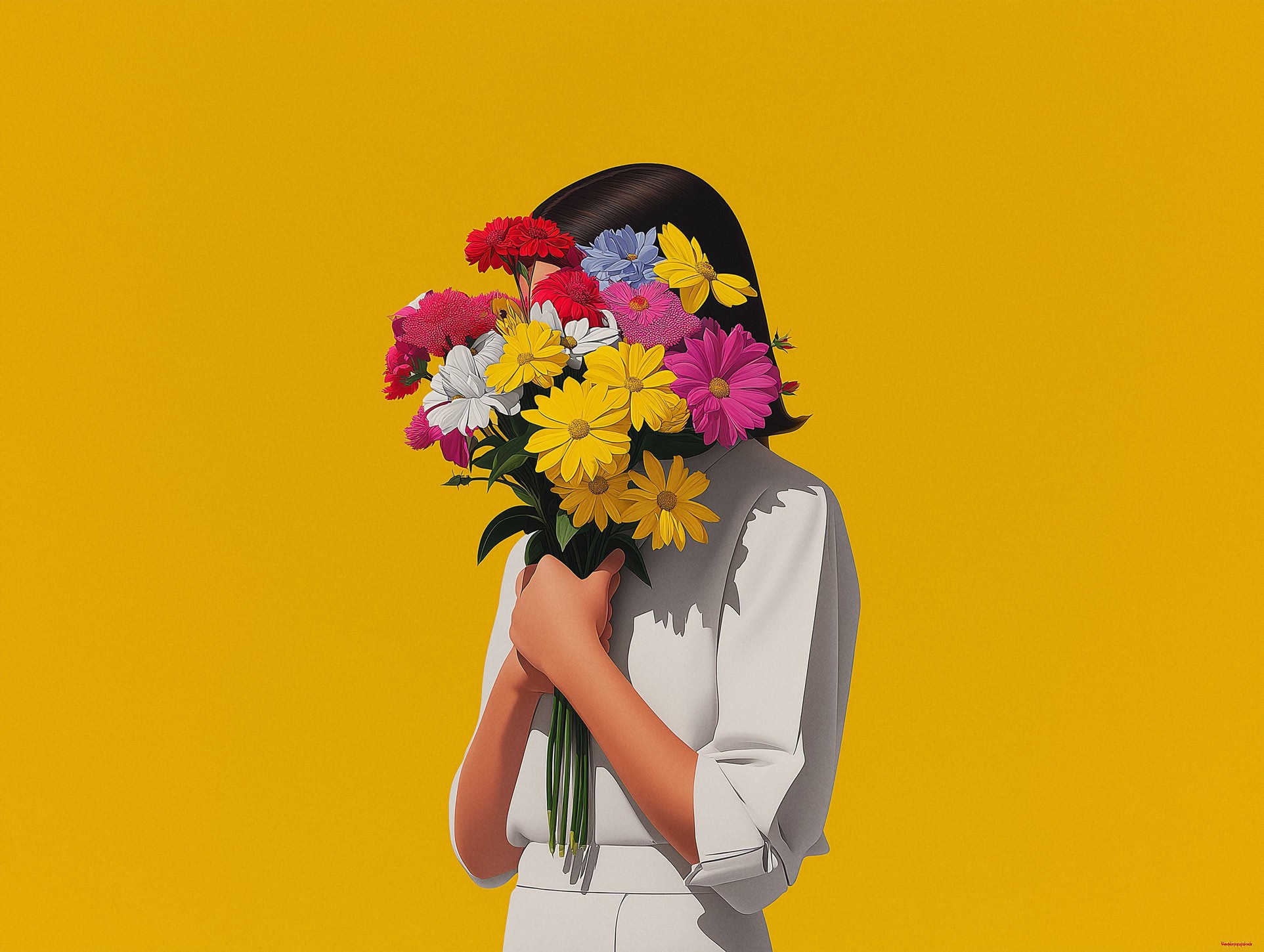 Woman in white top holding colorful flower bouquet covering her face against yellow background