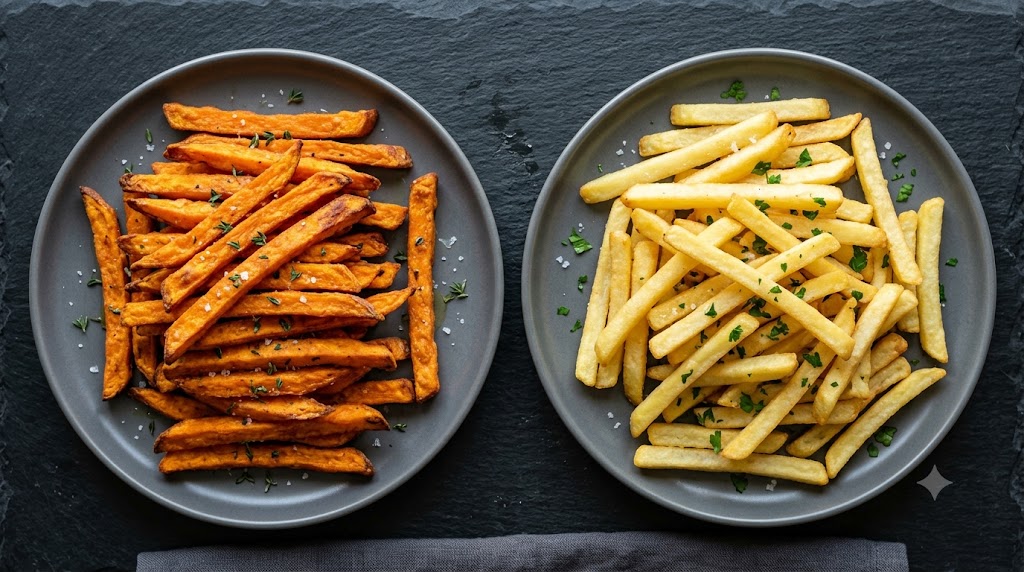 Flat lay comparison of sweet potato fries seasoned with thyme (left) and classic French fries with parsley (right), served on dark grey plates over a slate surface.