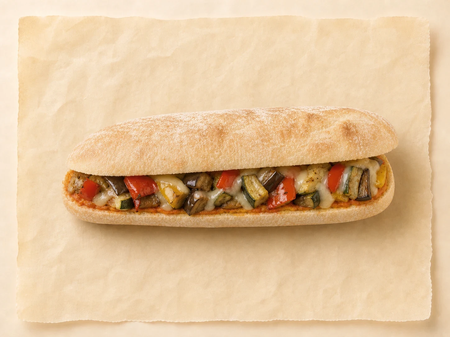 Panini van Mangia Bene gevuld met gegrilde groenten, op een lichte ondergrond