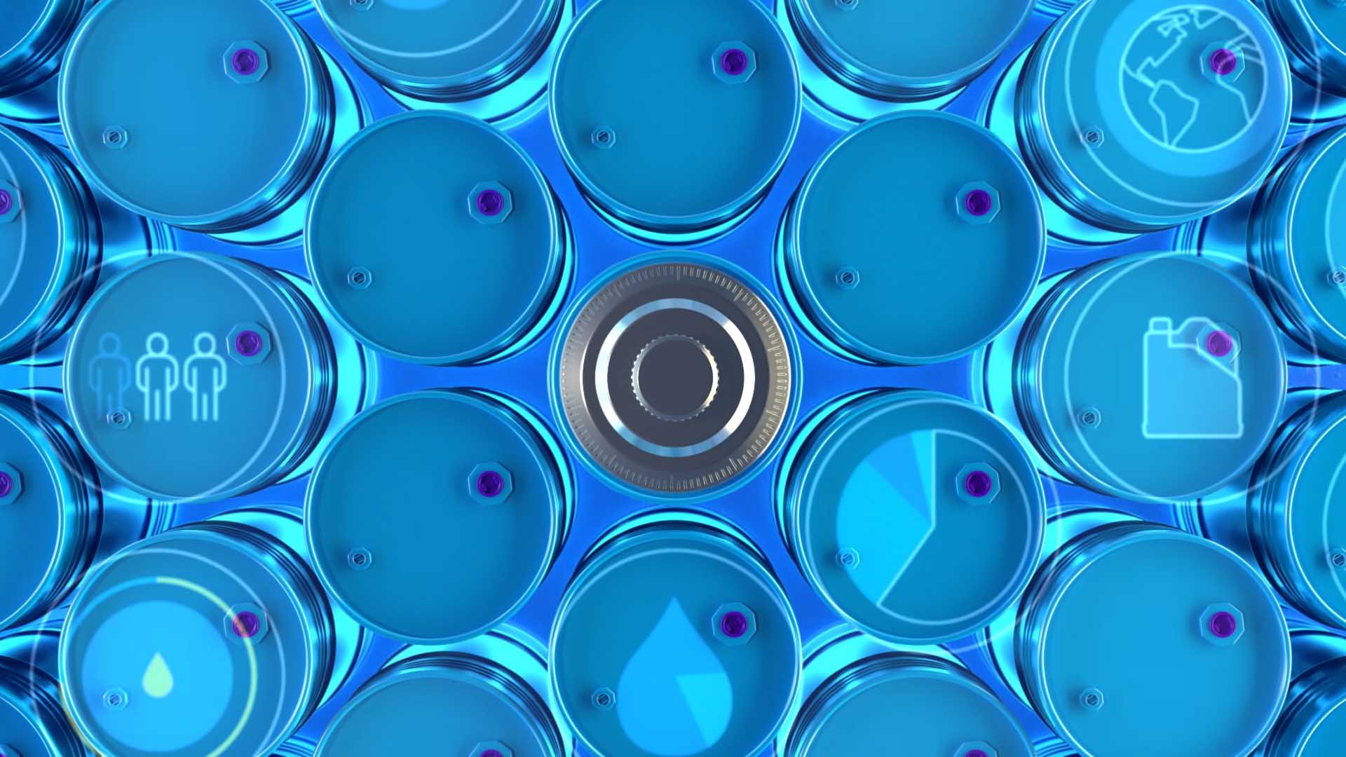 3D models of oil barrels from a top view create a pattern in vibrant blue colour with the centre barrel being a play button 