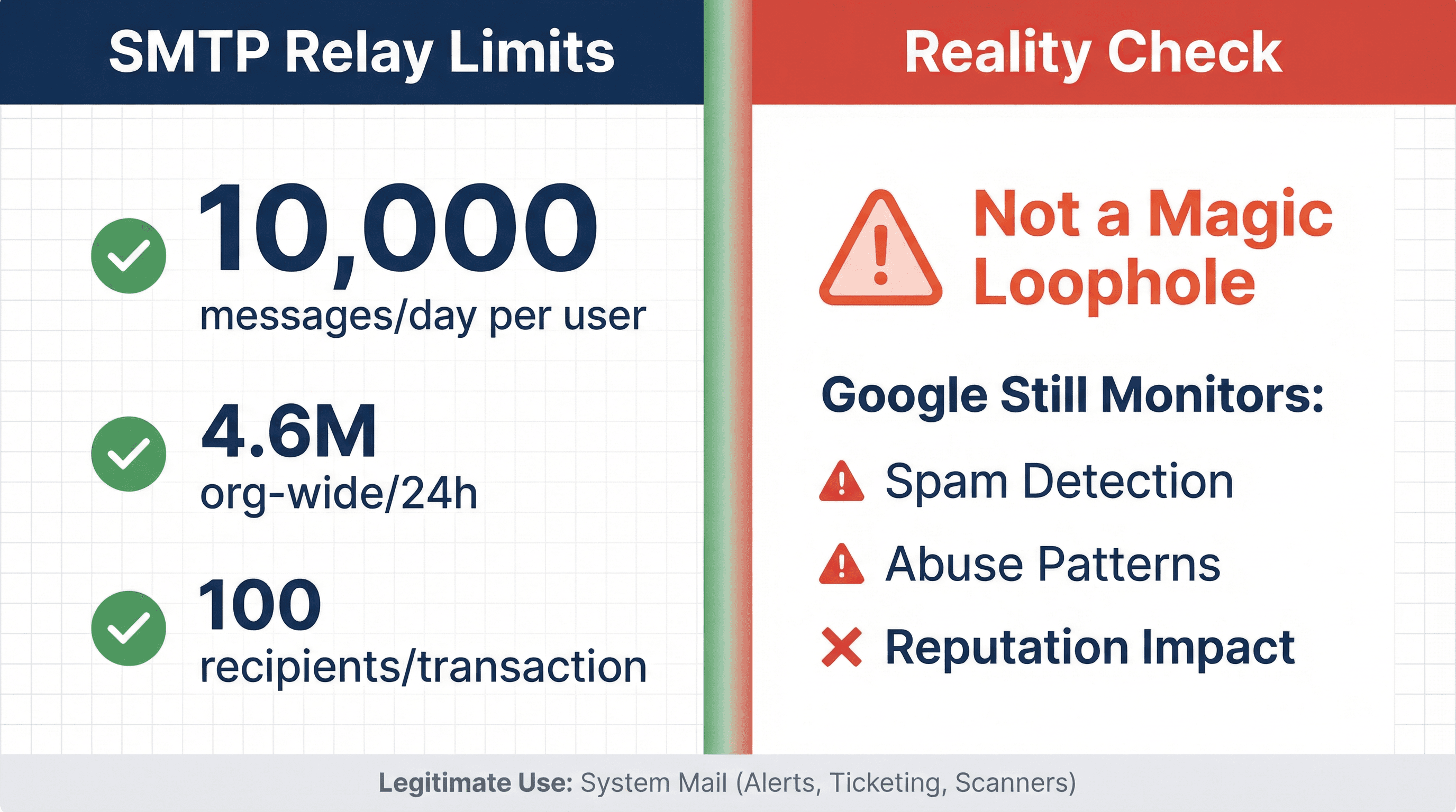 SMTP relay limits comparison: 10,000/day looks tempting but Google monitors abuse—it's for system mail, not cold outreach