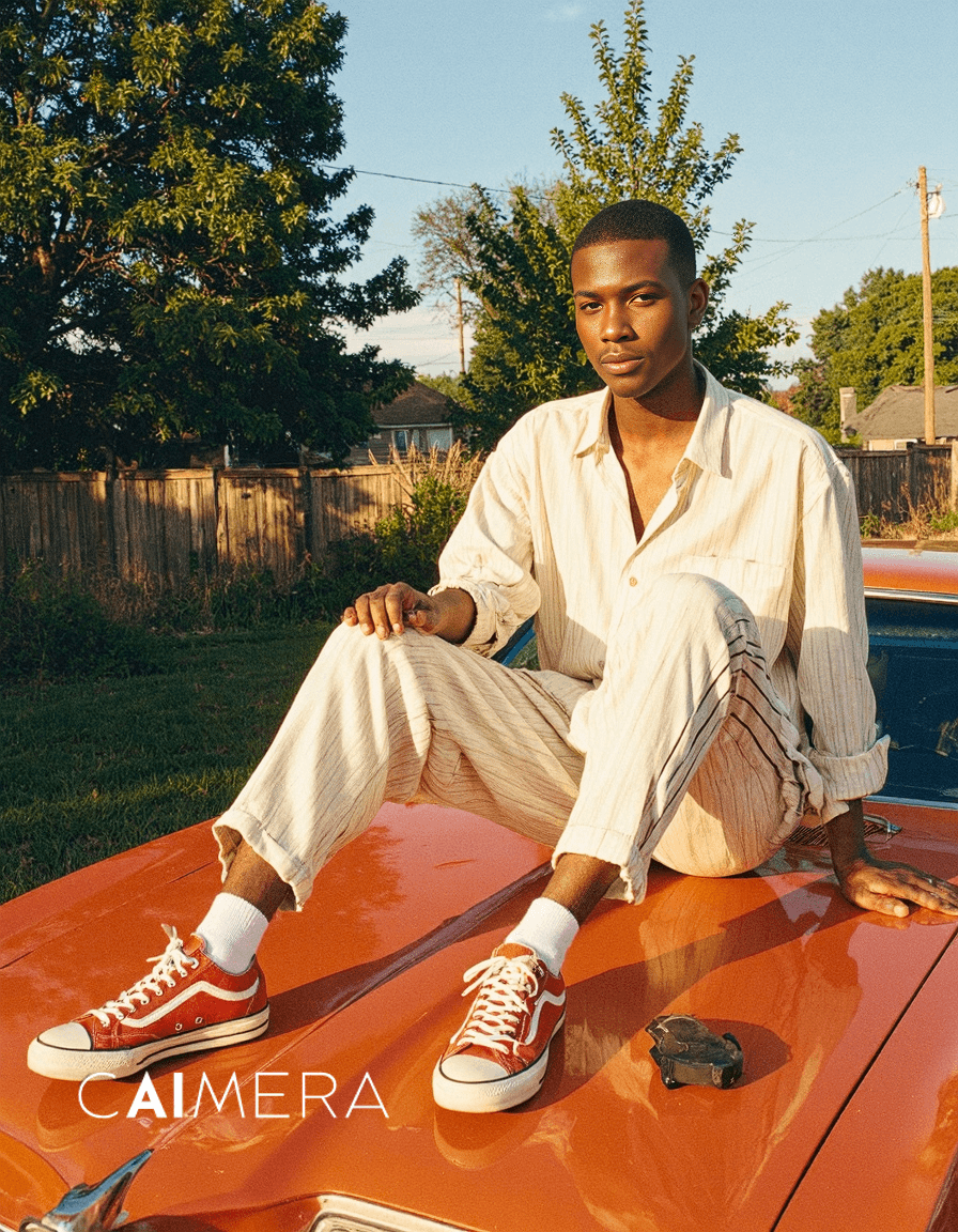 Stylish portrait in golden hour light featuring cream outfit and red sneakers while sitting on bright orange vintage car hood