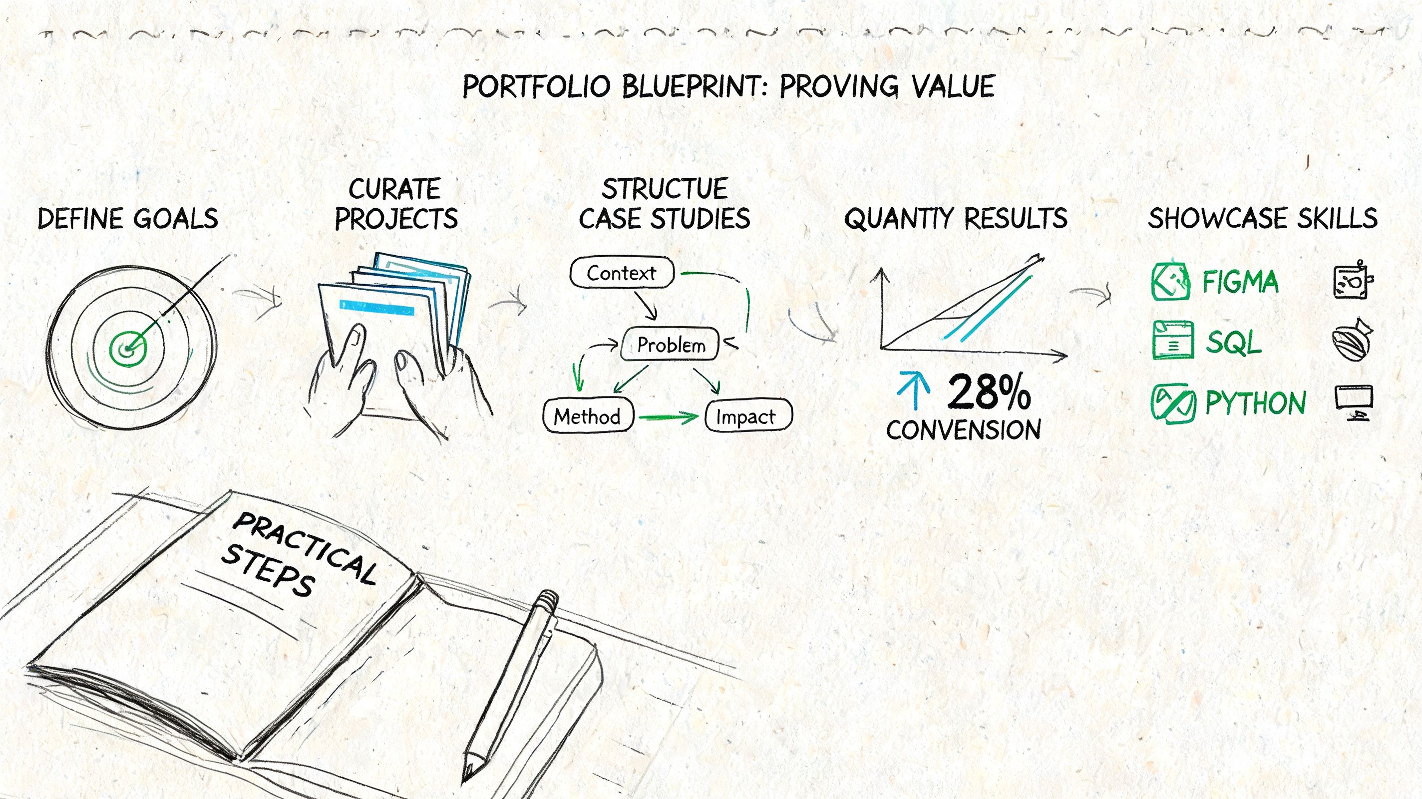 A hand-drawn infographic titled Portfolio Blueprint illustrating five steps to demonstrate professional value and skills.