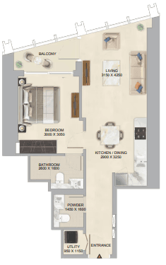 Floor plan of a two-bedroom apartment at The Mirage at Sobha Central, showcasing room layout and dimensions.