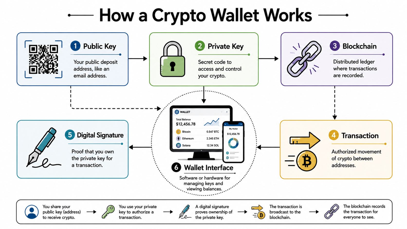 A diagram illustrating the step-by-step process of how cryptocurrency wallets, public keys, and blockchains work together.