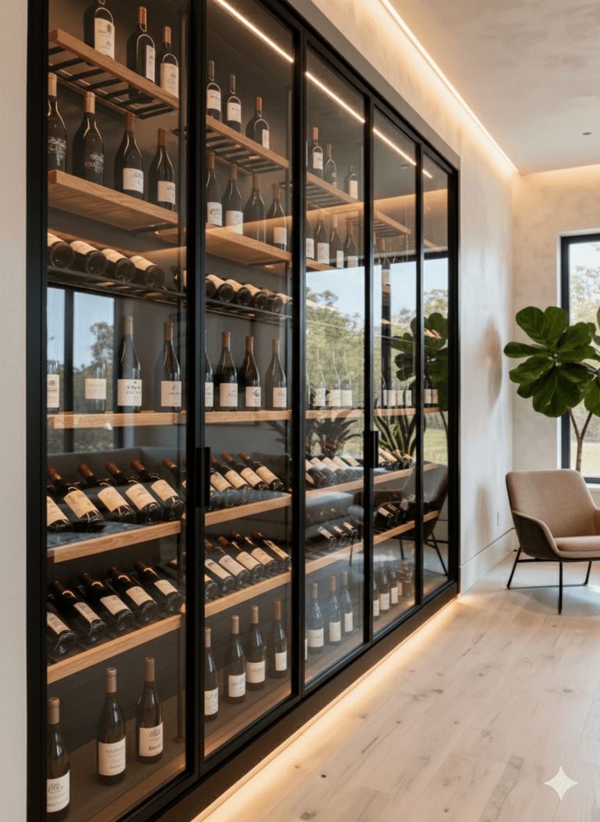 Wine cellar with glass doors showcasing various bottles on wooden shelves, modern design, interior decor