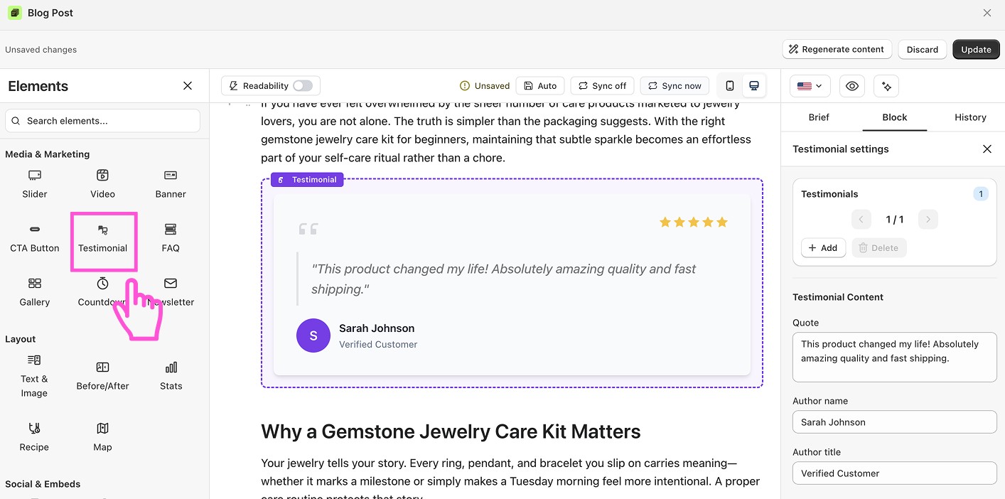 How to add a customer testimonial to a blog post in Shopify?