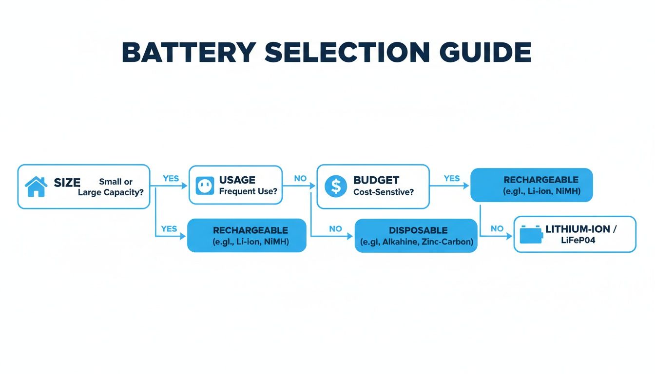 Flowchart detailing battery selection process based on size, usage frequency, and budget considerations.