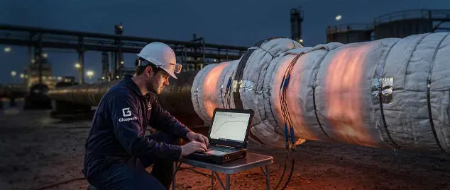Glospech PWHT technician monitoring post-weld heat treatment  temperature curve on pipe wrapped in ceramic fibre insulation  blankets at a Vaal Triangle refinery