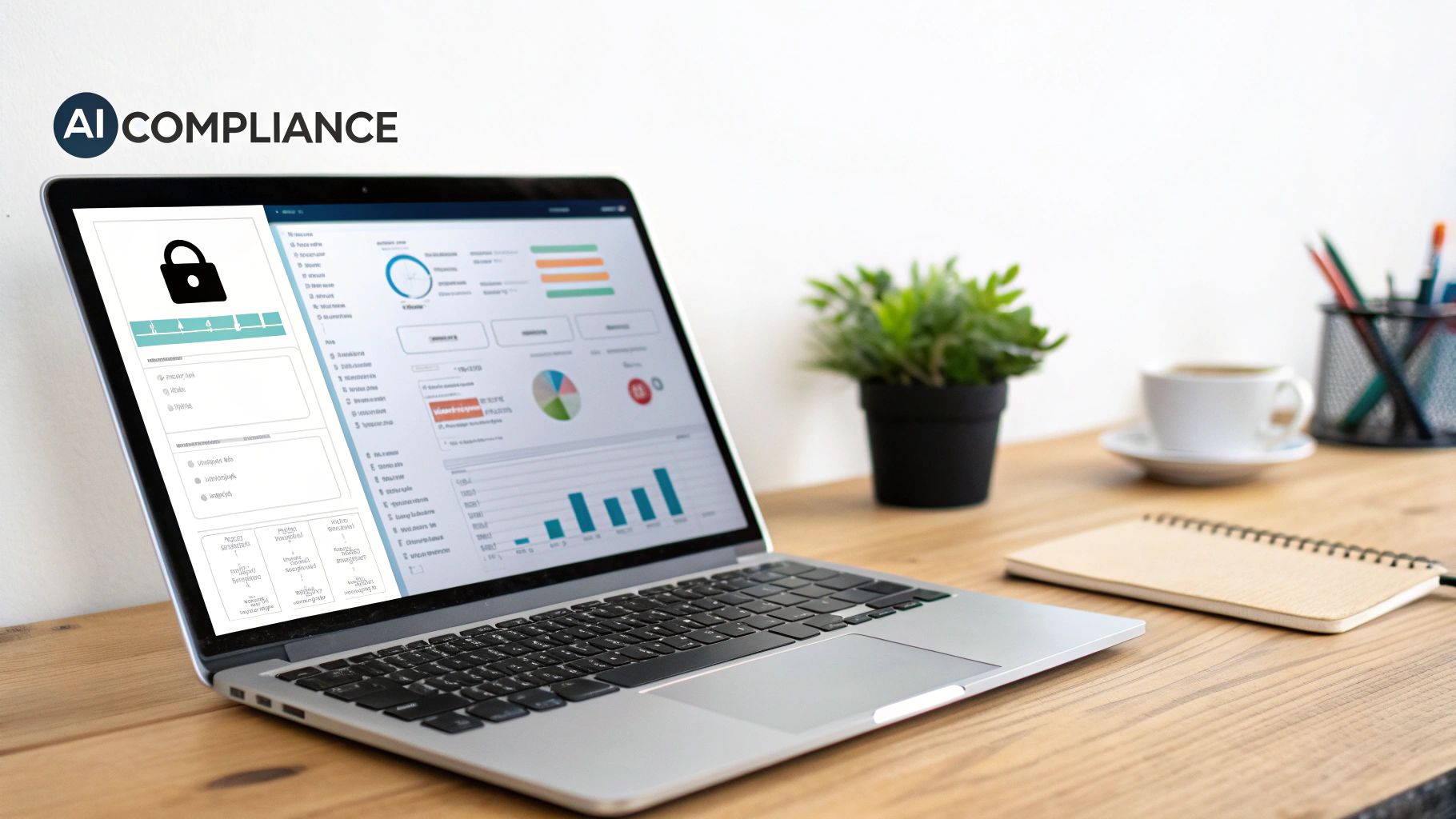 AI COMPLIANCE logo above a laptop showing a security dashboard, with a coffee cup and plant on a desk.