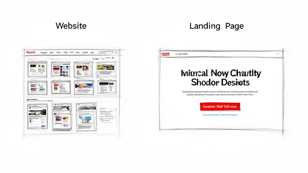 Sketches comparing a multi-page website design with a focused, single-purpose landing page layout.