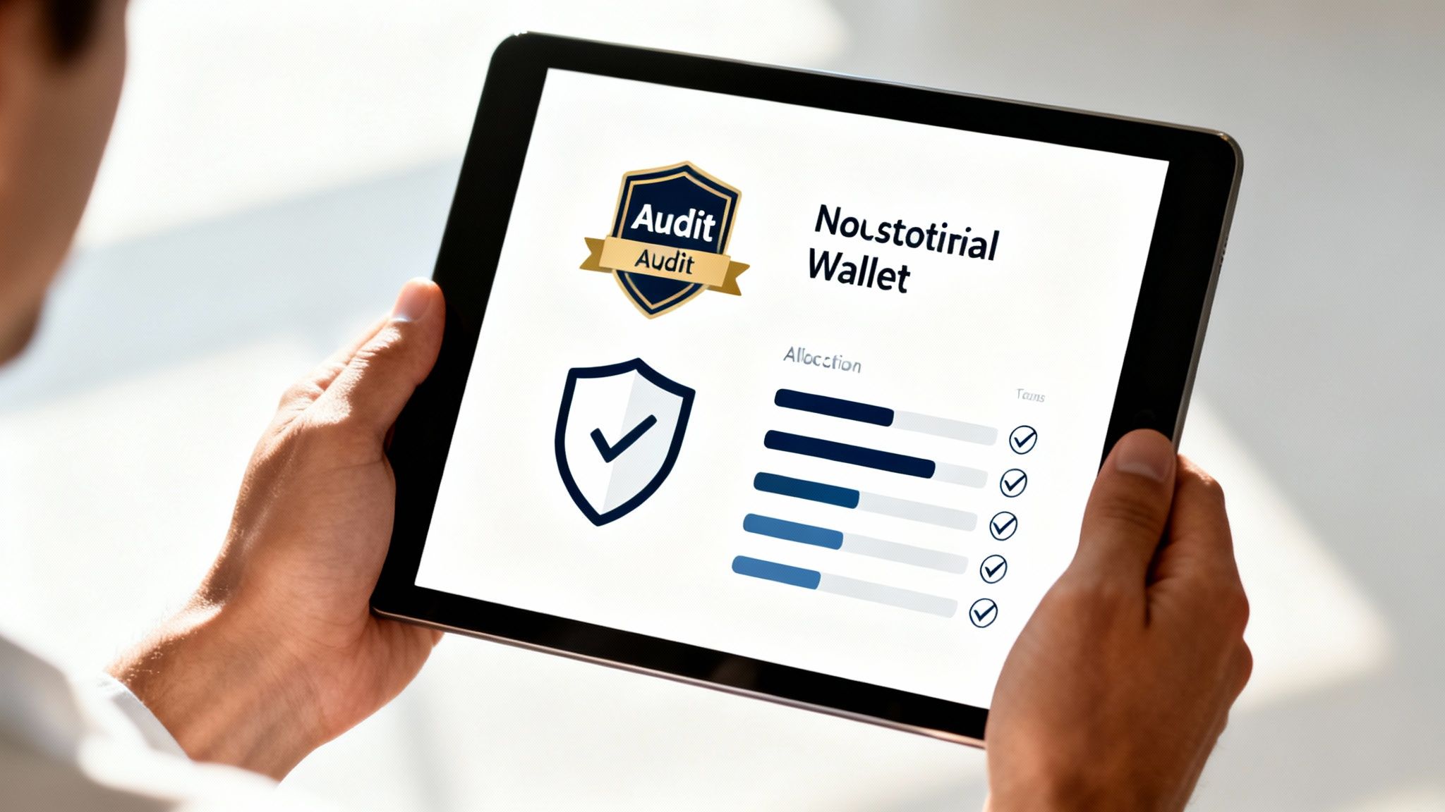 Person holding a tablet displaying a financial or crypto wallet application with audit details and allocations.