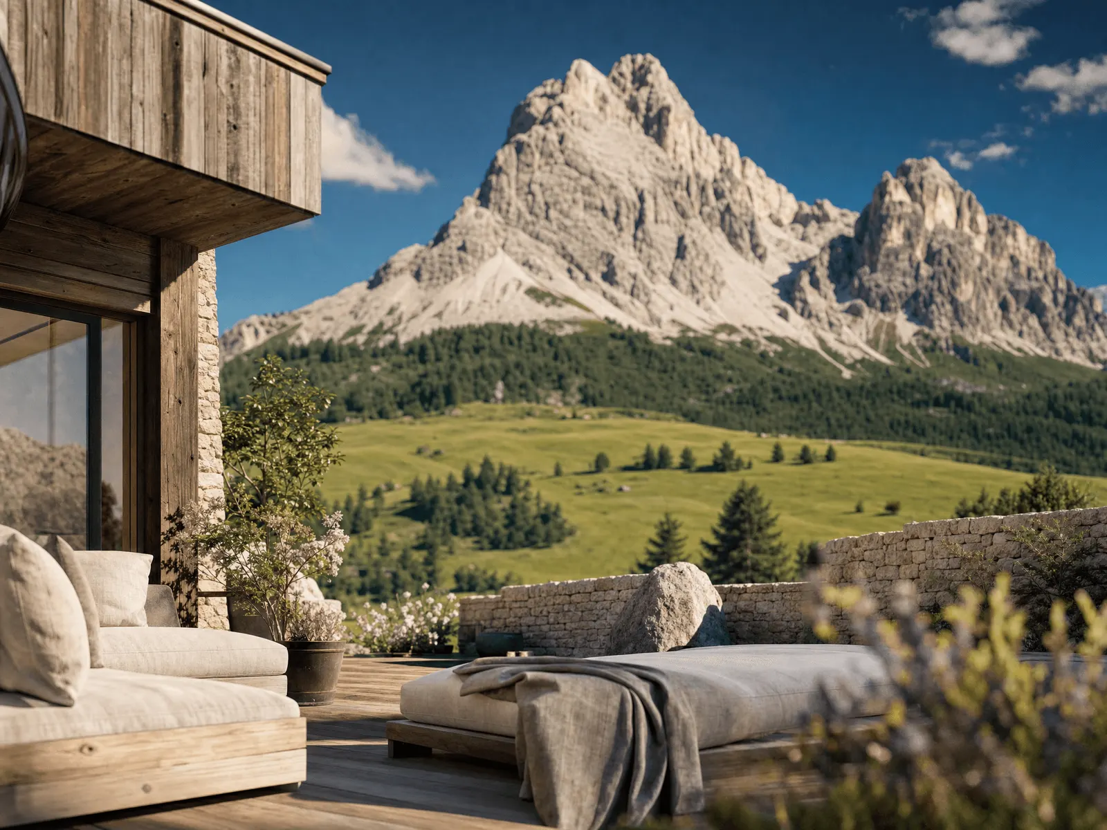 Outdoor lounge terrace facing the jagged peaks of the Dolomites near Cortina