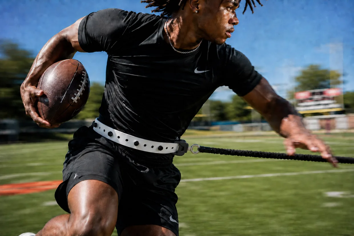 Athlete carrying a football and turning under resistance while wearing the FLO Unleashed belt