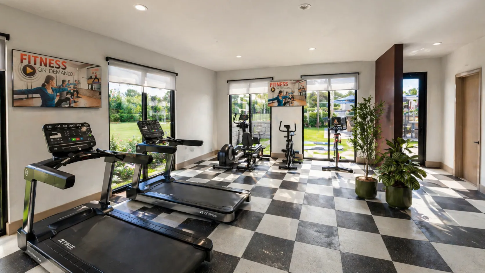 A gym room featuring multiple treadmills and various exercise equipment arranged for workouts.