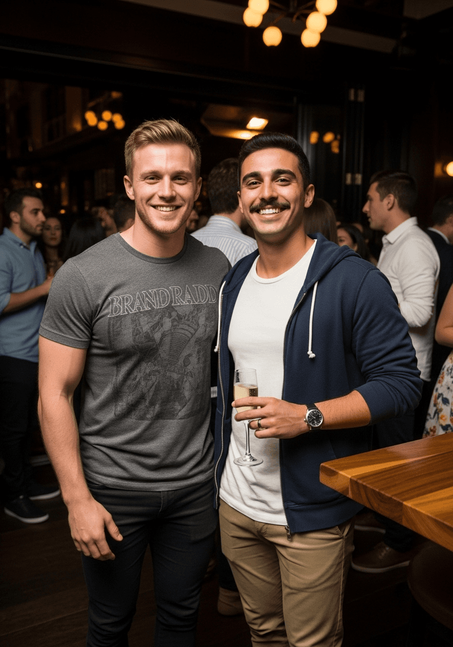 Two smiling men posing for a photo. One in a gray tee shirt, the other in a hoodie and khakis holding champagne.