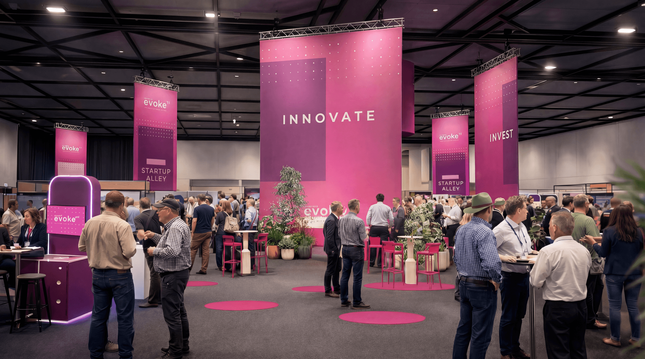 Front view of Cadillac exhibition stand with illuminated branding, vehicle display and crowd in event space