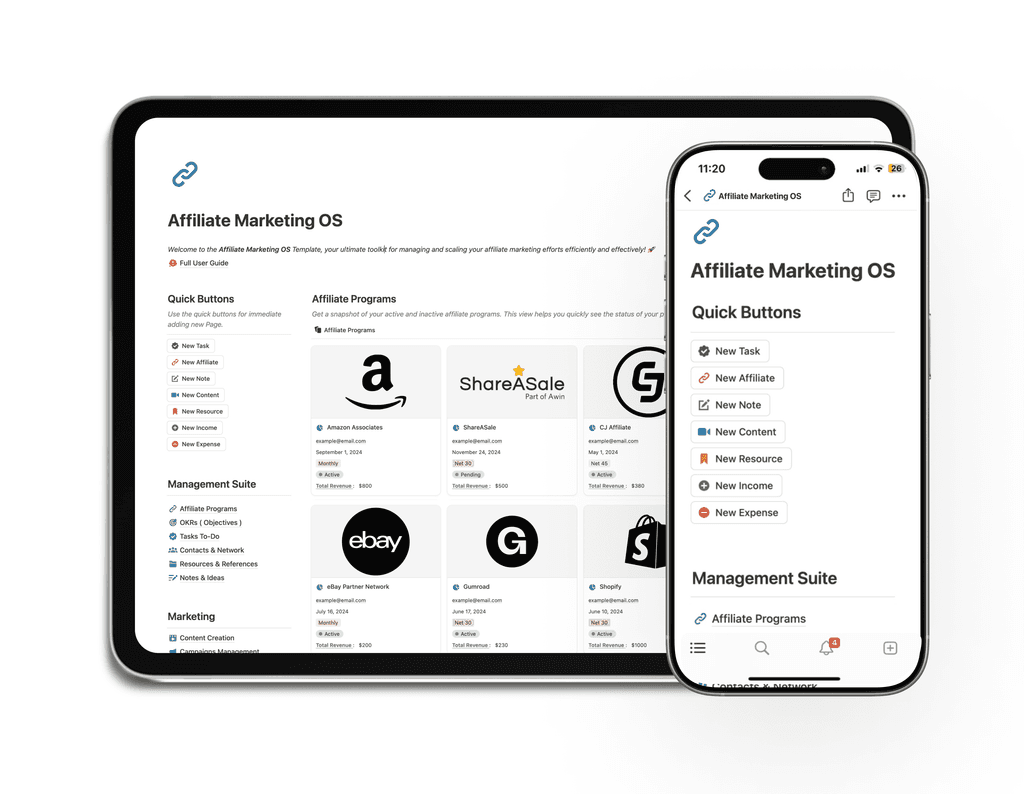 Master Your Affiliate Marketing with the Ultimate OS Template Streamline your workflow, boost productivity, and effortlessly manage every aspect of your affiliate marketing business. This all-in-one OS template is designed for seamless organization and maximum growth.